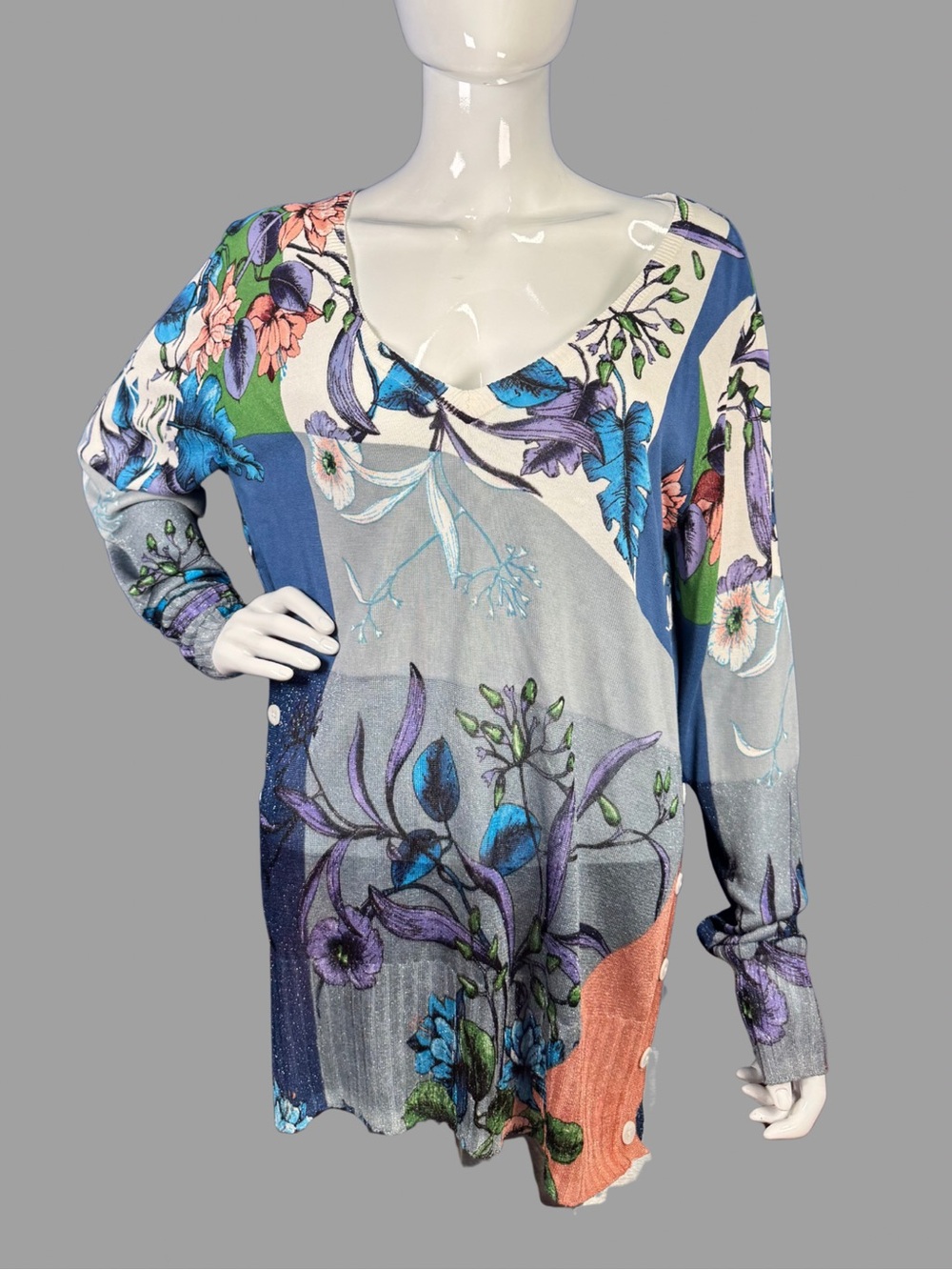 Desigual Women’s Multicolor Floral Jumper with Buttons and Shimmery Accents